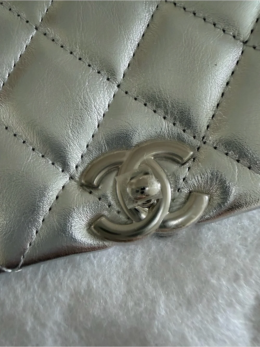 CHANEL Silver Quilted Lambskin Flap Bag with original pouch